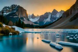 un hermosa puesta de sol terminado un lago con hielo y nieve. generado por ai foto