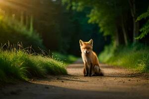 a fox sits on the side of a road in the middle of a forest. AI-Generated photo