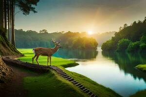 the deer is standing on the edge of the river. AI-Generated photo