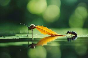 two insects on a leaf in water. AI-Generated photo