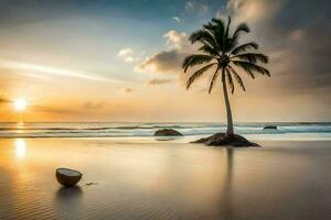 el Coco palma árbol en el playa a puesta de sol. generado por ai foto