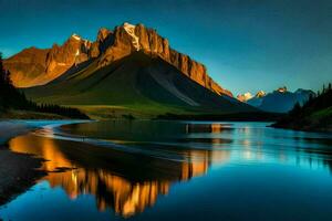 el montañas son reflejado en el agua a puesta de sol. generado por ai foto