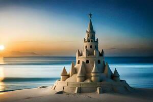 a sand castle on the beach at sunset. AI-Generated photo