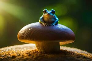 a frog sitting on top of a mushroom. AI-Generated photo