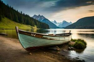 a boat sits on the shore of a lake. AI-Generated photo