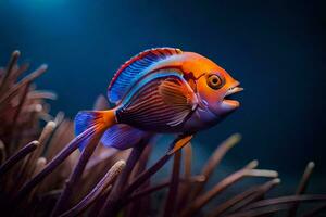 un vistoso pescado con un azul antecedentes. generado por ai foto