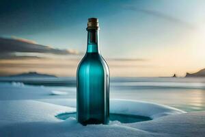 a bottle of champagne sitting on the snow. AI-Generated photo