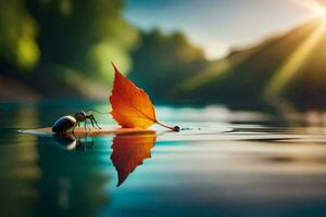 a leaf and a bug on a leaf in the water. AI-Generated photo