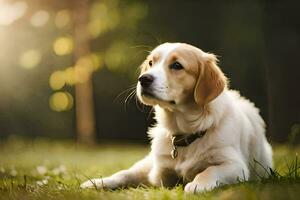 a dog sitting in the grass looking up. AI-Generated photo