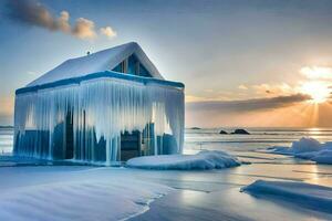 a hut made of ice on the beach. AI-Generated photo
