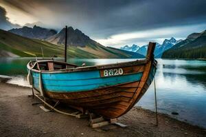 un barco se sienta en el apuntalar de un lago. generado por ai foto