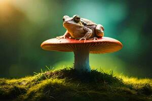 a frog sits on top of a mushroom in the forest. AI-Generated photo