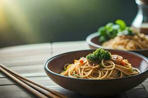 two bowls of noodles with broccoli and sauce on a table. AI-Generated photo