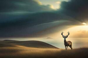 a deer stands in the middle of a field with a stormy sky. AI-Generated photo