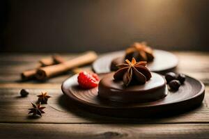 chocolate desserts on a wooden table. AI-Generated photo