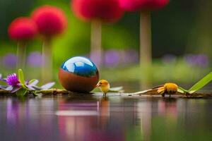 un huevo es sentado en el agua con flores generado por ai foto