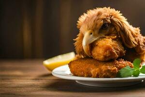 un pollo es sentado en un plato con algunos frito pollo. generado por ai foto