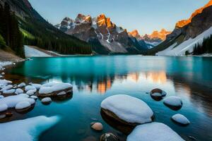 el montañas son reflejado en el agua a puesta de sol. generado por ai foto