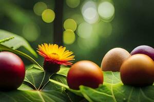 colorful eggs on a green leaf. AI-Generated photo