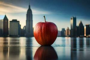 an apple is sitting in front of a city skyline. AI-Generated photo