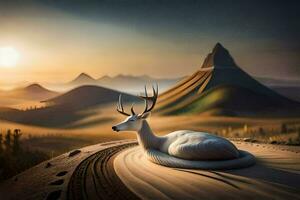 a deer laying on top of a mountain with a sunset in the background. AI-Generated photo