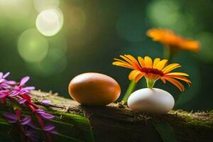 two eggs and a flower on a branch. AI-Generated photo