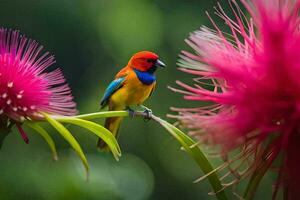 a colorful bird sits on a pink flower. AI-Generated photo