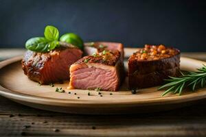 steak on a wooden plate with herbs. AI-Generated photo