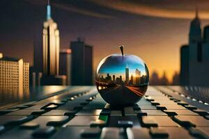 an apple on a keyboard with a city in the background. AI-Generated photo