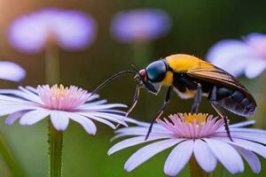 a bee on some purple flowers. AI-Generated photo