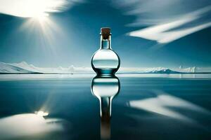 a bottle of water sitting on the water with a sky and sun. AI-Generated photo