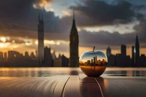 an apple sitting on a table in front of a city skyline. AI-Generated photo