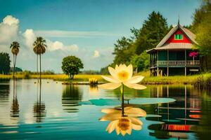a lotus flower is floating in the water near a house. AI-Generated photo