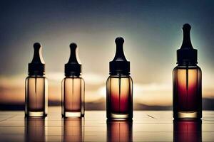 four bottles of liquid with a sunset in the background. AI-Generated photo