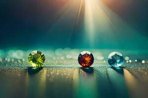 three colorful gems on a table. AI-Generated photo