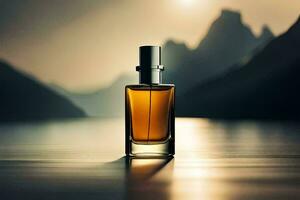 un botella de perfume sentado en un mesa en frente de un montaña. generado por ai foto