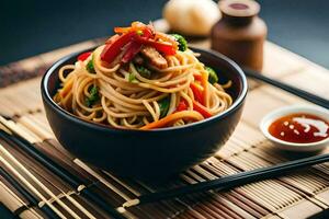 chinese noodles in a bowl with chopsticks and sauce. AI-Generated photo