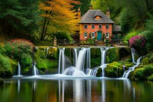 a house with a waterfall in the middle of a forest. AI-Generated photo
