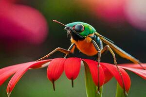 a colorful insect sits on top of a flower. AI-Generated photo