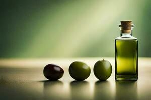 olive oil in a bottle and two olives. AI-Generated photo