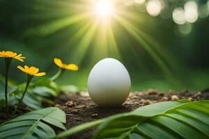 a white egg is sitting in the middle of a field of green leaves. AI-Generated photo