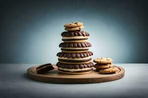 a stack of cookies and chocolate chips on a wooden tray. AI-Generated photo