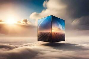 a cube sitting on top of clouds with a sunset behind it. AI-Generated photo