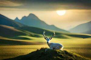 a deer is sitting on a hill in the middle of a field. AI-Generated photo