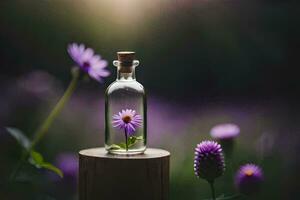a bottle with purple flowers inside on a wooden stump. AI-Generated photo