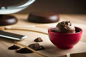 a chocolate ice cream in a red bowl on a wooden table. AI-Generated photo