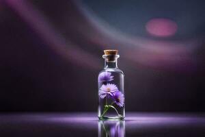 purple flowers in a glass bottle on a table. AI-Generated photo