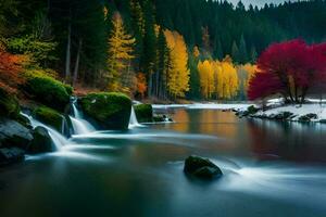 a river flows through a forest with colorful trees. AI-Generated photo