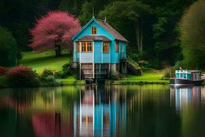 a blue house sits on the edge of a lake. AI-Generated photo