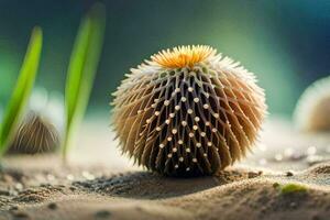 a close up of a spiky ball on the sand. AI-Generated photo